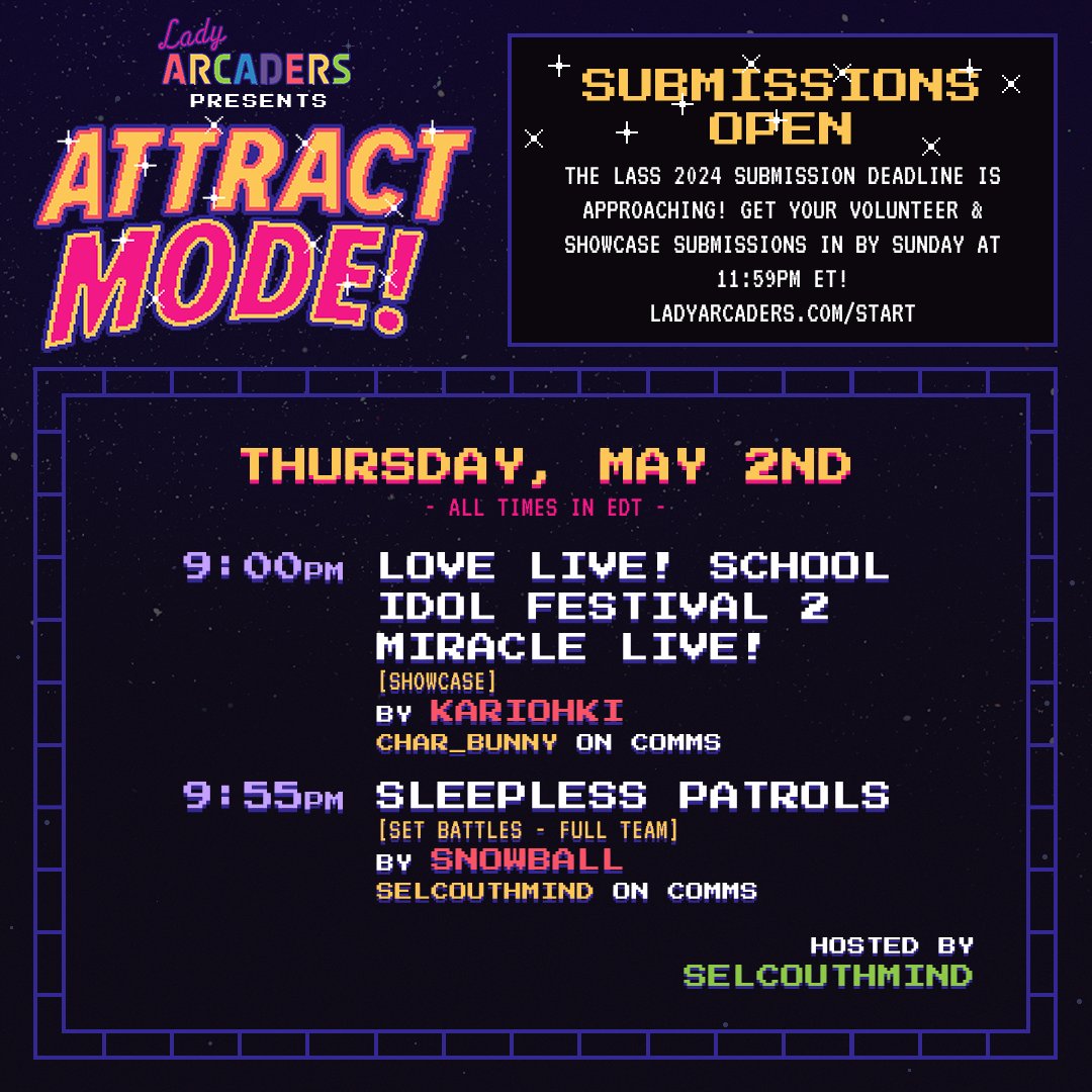 THURSDAY'S ATTRACT MODE! We have a doubleheader of showcases for you! First up is #LoveLive! School Idol Festival 2 MIRACLE LIVE! by @kariohki! @_charbunny will be on comms! Then @snowballsmb will run #SleeplessPatrols! @theselcouthmind will host! It all kicks off at 9pm ET!