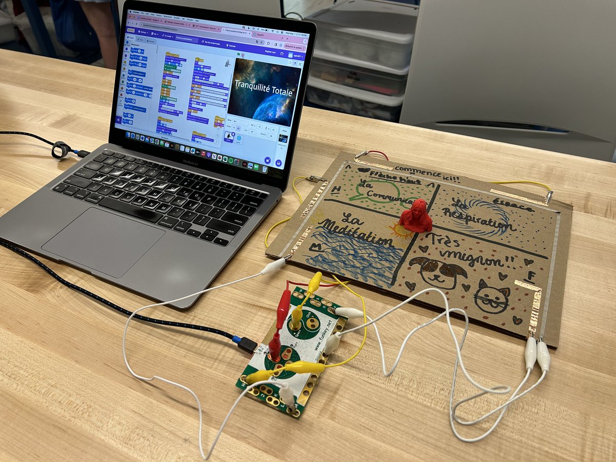 Helping Upper School French @MarymountNY use @scratch (switched to French) to program interactive games that use a Funkey to read a closed circuit, bridged by a #3DPrinted model of the student made from a @structure 3D scan, to teach us about issues important to them. #makered