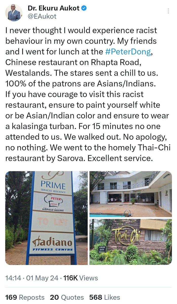 Former presidential candidate Dr @EAukot has complained of a restaurant in Nairobi said to be practising discrimination and #racism against  ordinary Kenyans. #PeterDong restaurant is locater on Rhapta Road, Westlands, Nairobi #IllicitTrade #IllicitTradeKE