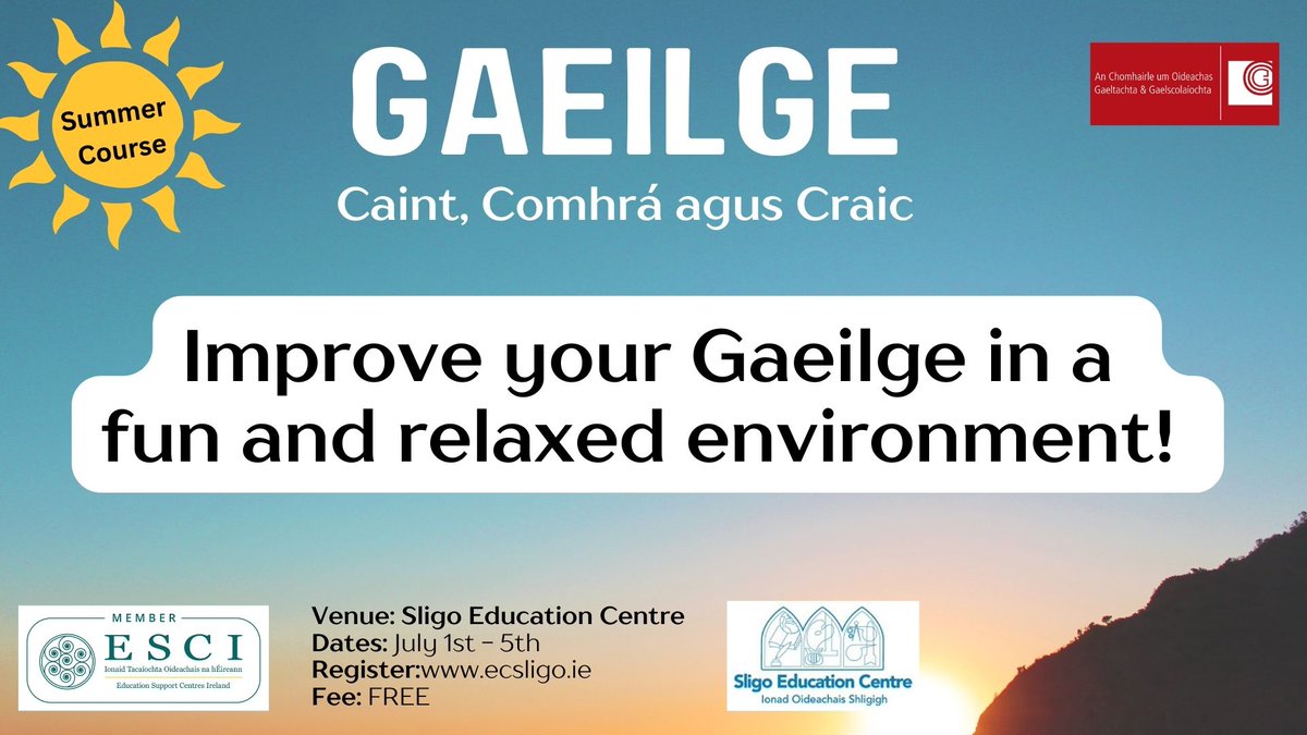 ❓Lacking confidence i nGaeilge? Improve your Gaeilge in a fun and relaxed environment! Má tá Gaeilge líofa agat, ní duitse an cúrsa seo - If you have fluent Irish, this course is not for you! 👉Register:ecsligo.ie @CoggOid @SligoChampion @OceanFmIreland #SLIGO