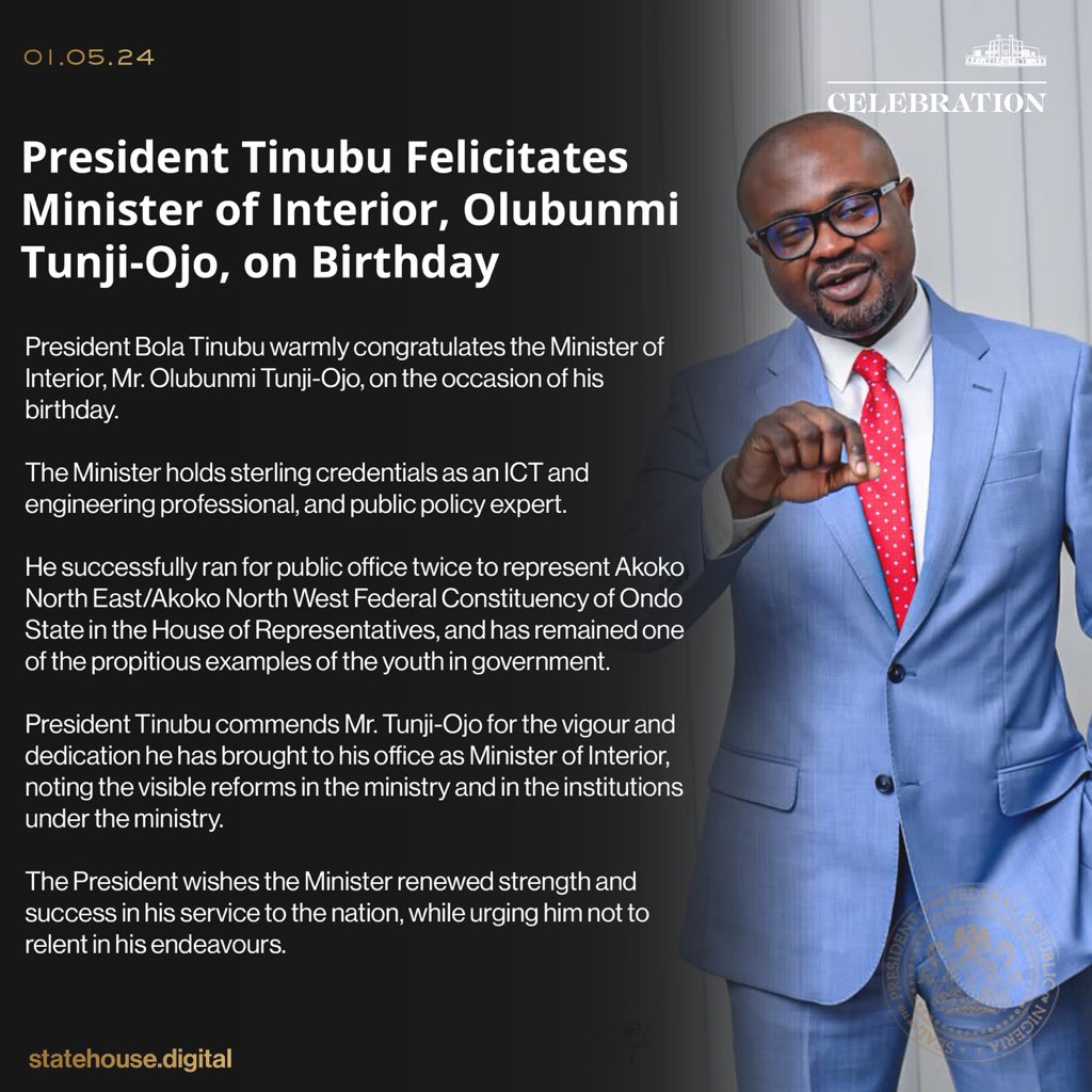 President Tinubu Felicitates Minister of Interior, Olubunmi Tunji-Ojo, on Birthday