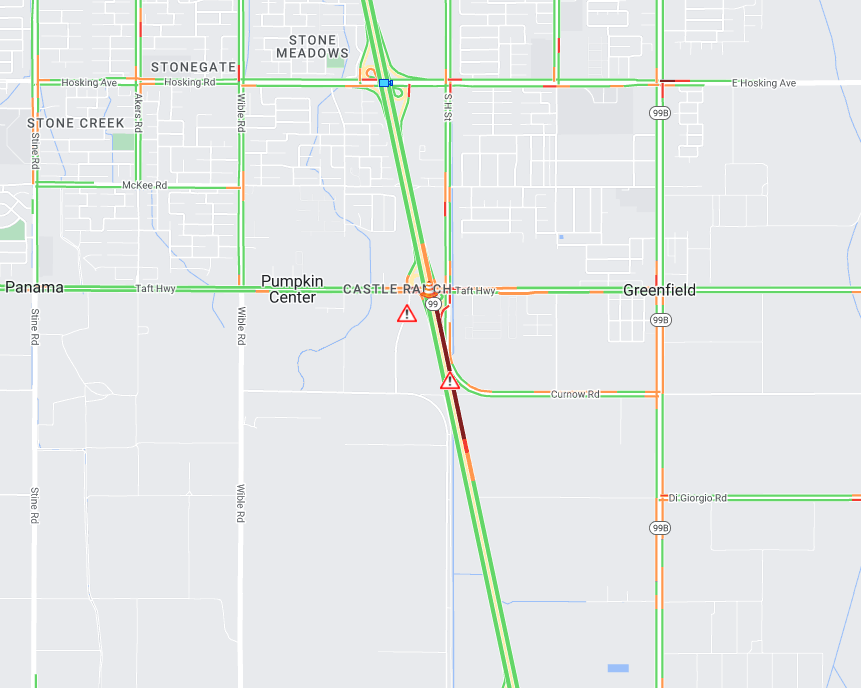 BAKERSFIELD: Northbound State Route 99 is reduced to one lane at State Route 119 due to an overturned big rig. Traffic backed up approximately 1.5 miles at this time. Expect delays through the area as crews work to clear the roadway. No ETO at this time.