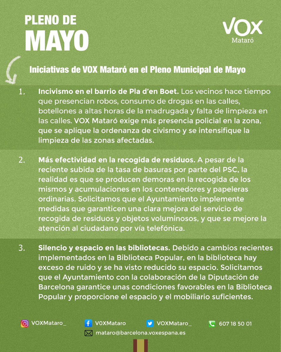 ✅ Resumen de las iniciativas que el Grupo Municipal de VOX Mataró llevará este jueves al pleno municipal de Mayo.

Aunque estemos en campaña no olvidamos los problemas que preocupan a nuestros vecinos.

#EnDefensaPropia por nuestra ciudad.