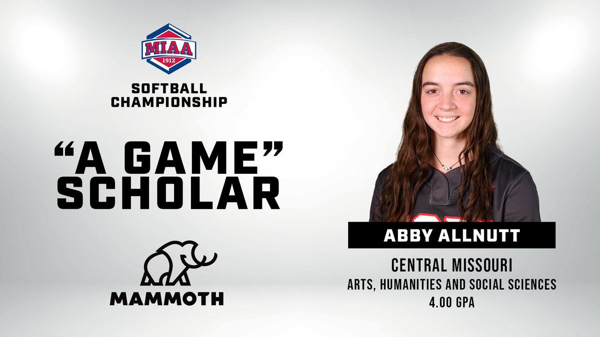 Congratulations to Central Missouri's Abby Allnutt on being honored as the @MammothBuilt '𝐀 𝐆𝐚𝐦𝐞' 𝐒𝐜𝐡𝐨𝐥𝐚𝐫-𝐀𝐭𝐡𝐥𝐞𝐭𝐞 of the 2024 MIAA Softball Championship🥎📚👏 Abby will be presented with the 'A Game' trophy before the Jennies first-round game against Missouri