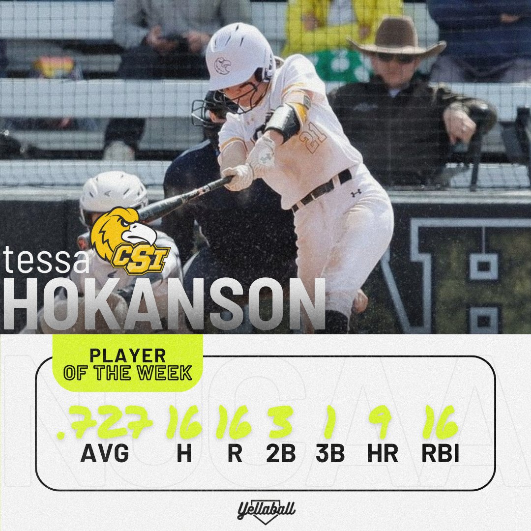 There's no doubt Tessa Hokanson is swinging a HOT bat for Southern Idaho! Our NJCAA Player of the Week batted .727 with 16 hits, 16 runs scored, 16 RBI, and 9 dingers last week.

#yellaball #softball #njcaa #juco #jucobandits #playeroftheweek