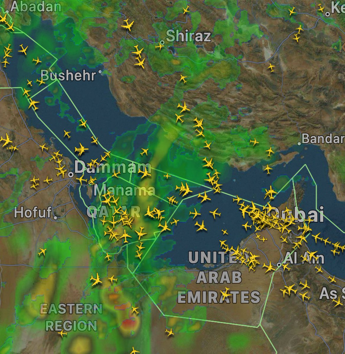 Thunderstorms in the Gulf this evening — Bahrain reduced air traffic flow through its airspace (FIR); Doha bound flight from NZ is diverting to Abu Dhabi due to cumulonimbus clouds on the approach path, some other minor delays as aircraft adjust flight paths. #MiddleEast