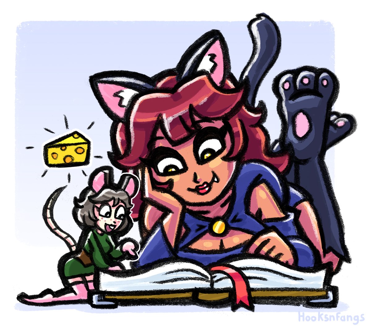 Commission for @pixelatedsweet featuring a cat and mouse enjoying a book! Must be a cheesy book or something.
