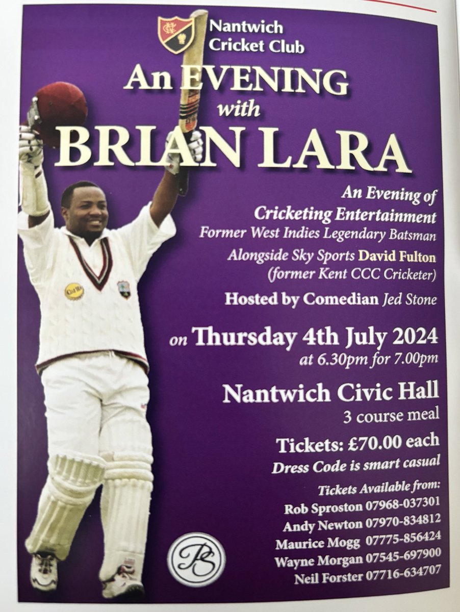 We are pleased to announce an evening with the legend that is Brian Lara on Thursday 4th July at Nantwich Civic Hall alongside Sky Sports reporter David Fulton & comedian @stone_jed please see advert for ticket information and enquiries.