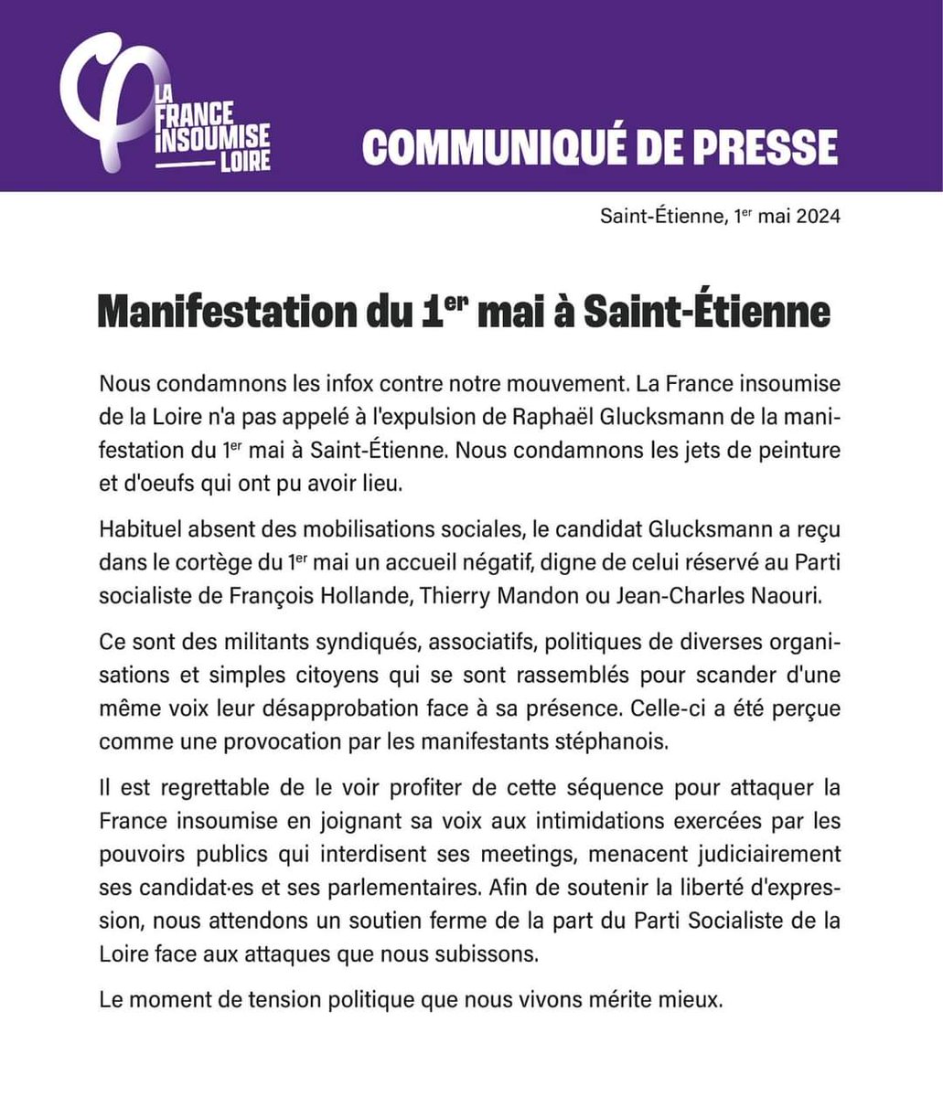 Sur l'exclusion de #Glucksmann de la manif de #SaintEtienne le communiqué  de #LFI dont vous ne parlerez pas
@TF1
@FranceTV
@CNEWS
@LCI
@BFMTV
@publicsenat
@franceinfo
@franceinter
@rtlinfo
@SudRadio