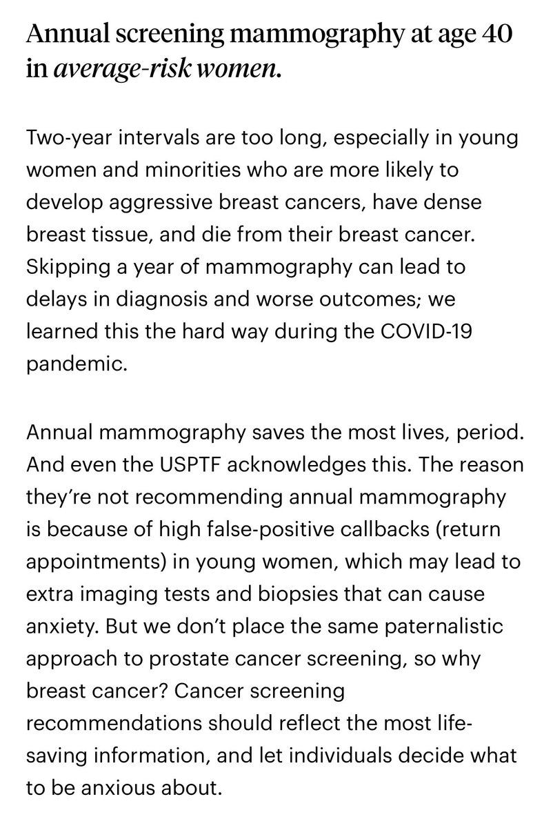 Annual screening mammography saves the most lives. Anything else prioritizes anxiety & theoretical harms from breast cancer screening. We don’t place the same paternalistic approach on prostate cancer screening, so why breast cancer.