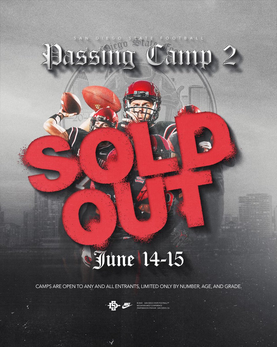 Passing Camp 2 is SOLD OUT! And spots in Camp 1 are limited, so sign up today and don’t miss out! Register at aztecfootballcamps.totalcamps.com