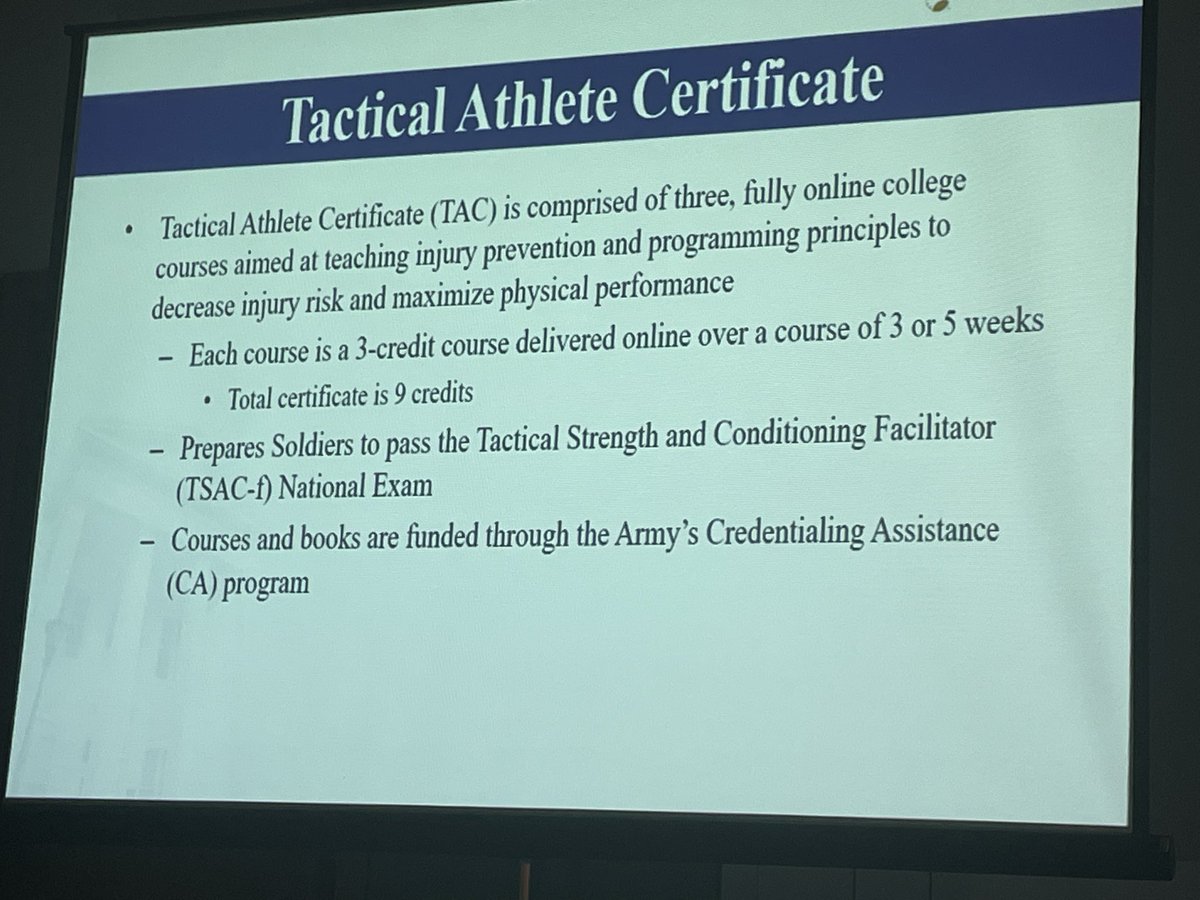 Holy cow!

Just found this out!
@GeorgiaSouthern has partnered (since 2018?) with @3rd_Infantry /FSGA on a CA/TA funded 9 credit course  (asynchronous) on injury prevention, that enables passing TDAC-f exam.

Open to all Soldiers.

#Brilliant
#PhysicalDomain
@USACIMT