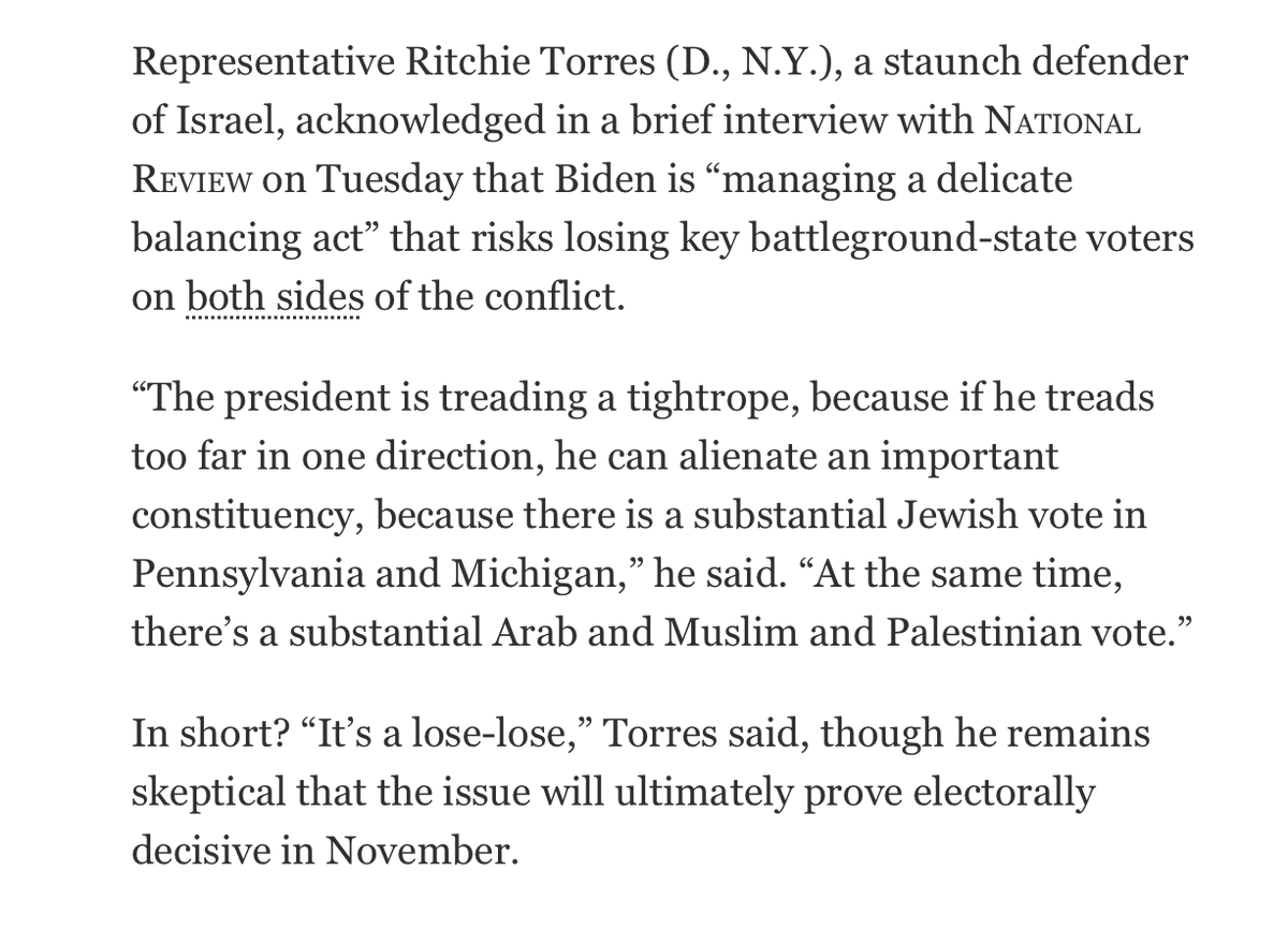 Pro-Israel Dem Rep. Ritchie Torres is skeptical the campus protests will have real implications for Biden November. But he acknowledged the prez is walking political 'tightrope' re Gaza war, calling it a 'lose-lose' situation More w/ @brittybernstein ⬇️: nationalreview.com/2024/05/will-t…