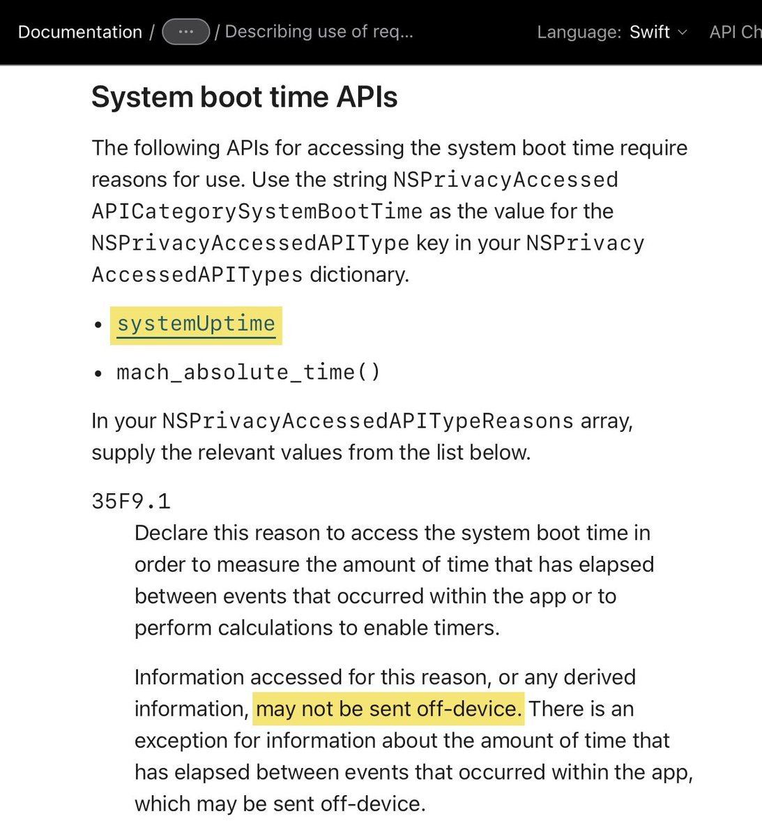 It's May 1. Instagram for iOS just got updated. It still sends the device's system uptime to remote servers. Starting today developers are no longer allowed to access this API without providing a reason. And in no way can the app send the value off-device.
#Privacy