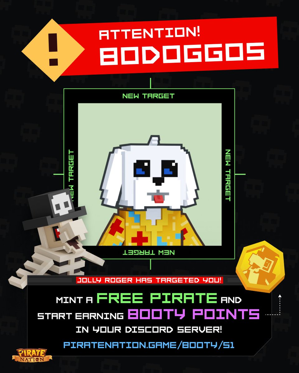 Welcome @BoDoggosNFT to the Jolly Roger 🏴‍☠️ For the next 48 hours, anyone holding a BoDoggo can mint a free Pirate, join the game, and start earning BOOTY Points. The BoDoggos Discord server is now also open to BOOTY social Piracy!