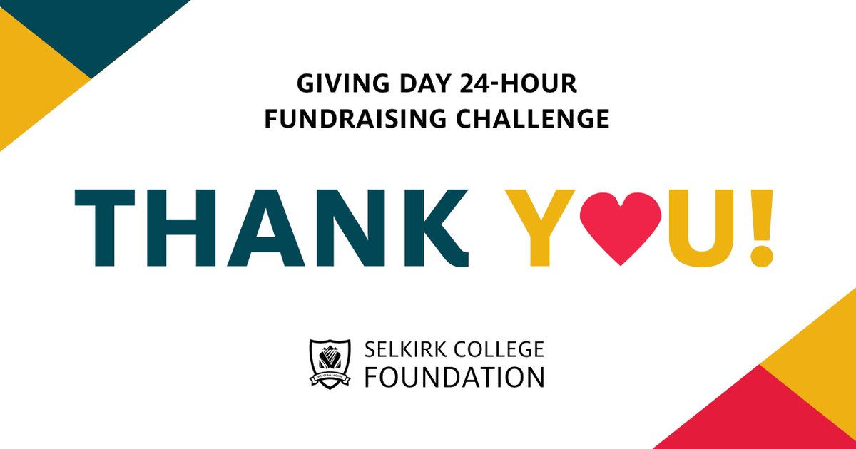 Thank you so much to everyone for participating in Selkirk College's Giving Day. $26,387 was raised by 80+ donors. Thank you to our event sponsors: Kootenay Savings Credit Union, @teckresources, Columbia Power and @fortisbc. Learn more about our causes: selkirk.ca/about-selkirk/….
