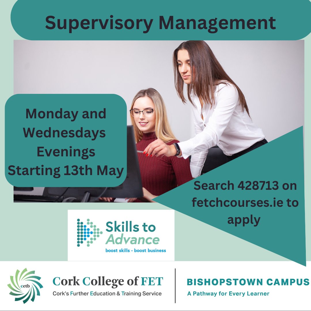 Are you looking to progress to a supervisory role in your work?
Enroll on our #blended QQI Level 6 Supervisory Management course. Running Monday & Wednesday evenings,starts 13th May  #fullyfunded for those in employmen #skillstoadvance.
@corketb 
@SOLASFET @ThisisFet 
#ThisisFET