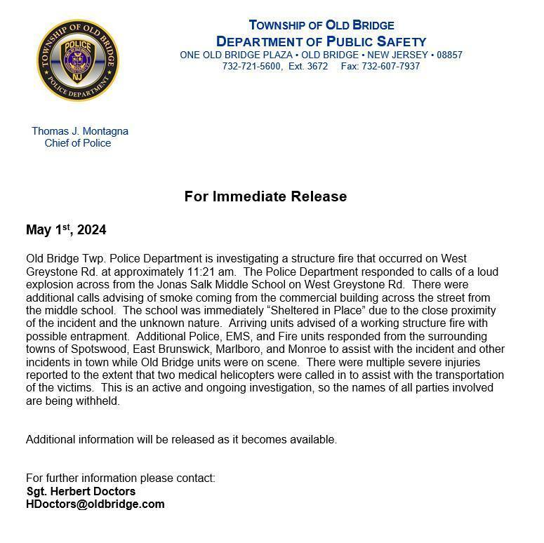 A statement from the Old Bridge Police Department