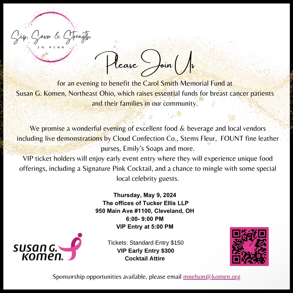 Grateful to be an invited speaker at the 2nd annual @SusanGKomen Northeast Ohio “Sip, Savor & Strength in Pink” event supporting the Carol Smith Memorial Fund for #BreastCancer hosted by @fox8news anchor @NatalieHerbick! Come join us on 5/9/24! #NAVAH #RadOnc #KillCancer #bcsm