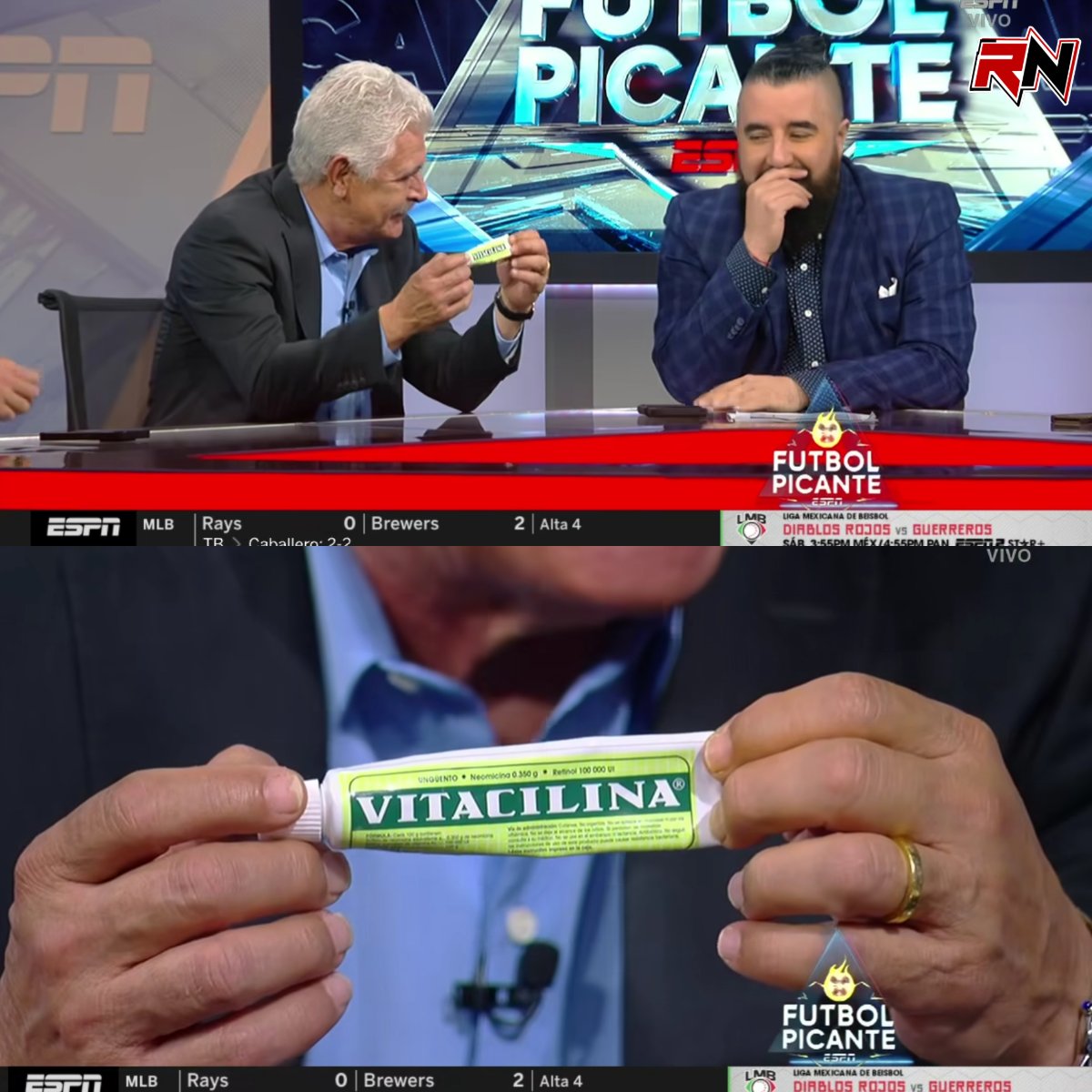 GRANDE TUCA🤣

El Tuca Ferretti le llevó una Vitacilina a Alvaro Morales en Fútbol Picante de ESPN tras la eliminación del América ante el Pachuca.😅

'Te quiero regalar algo para las heridas, para el ardor; la verdad es buenísimo'