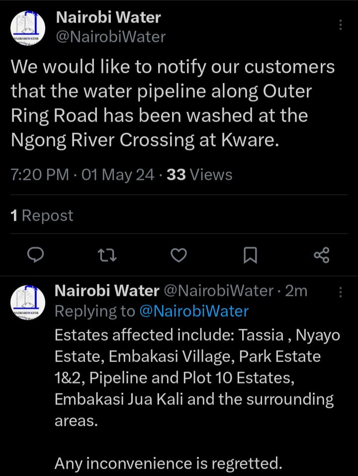 Notice: Water supply interruption.
@Ma3Route @KenyanTraffic
@GhettoRadio895 @KambaYT @Radio47KE @NairobiWater @SuperMetro_Ke  @KTNNewsKE  @NTVnewsroom @kbcenglish