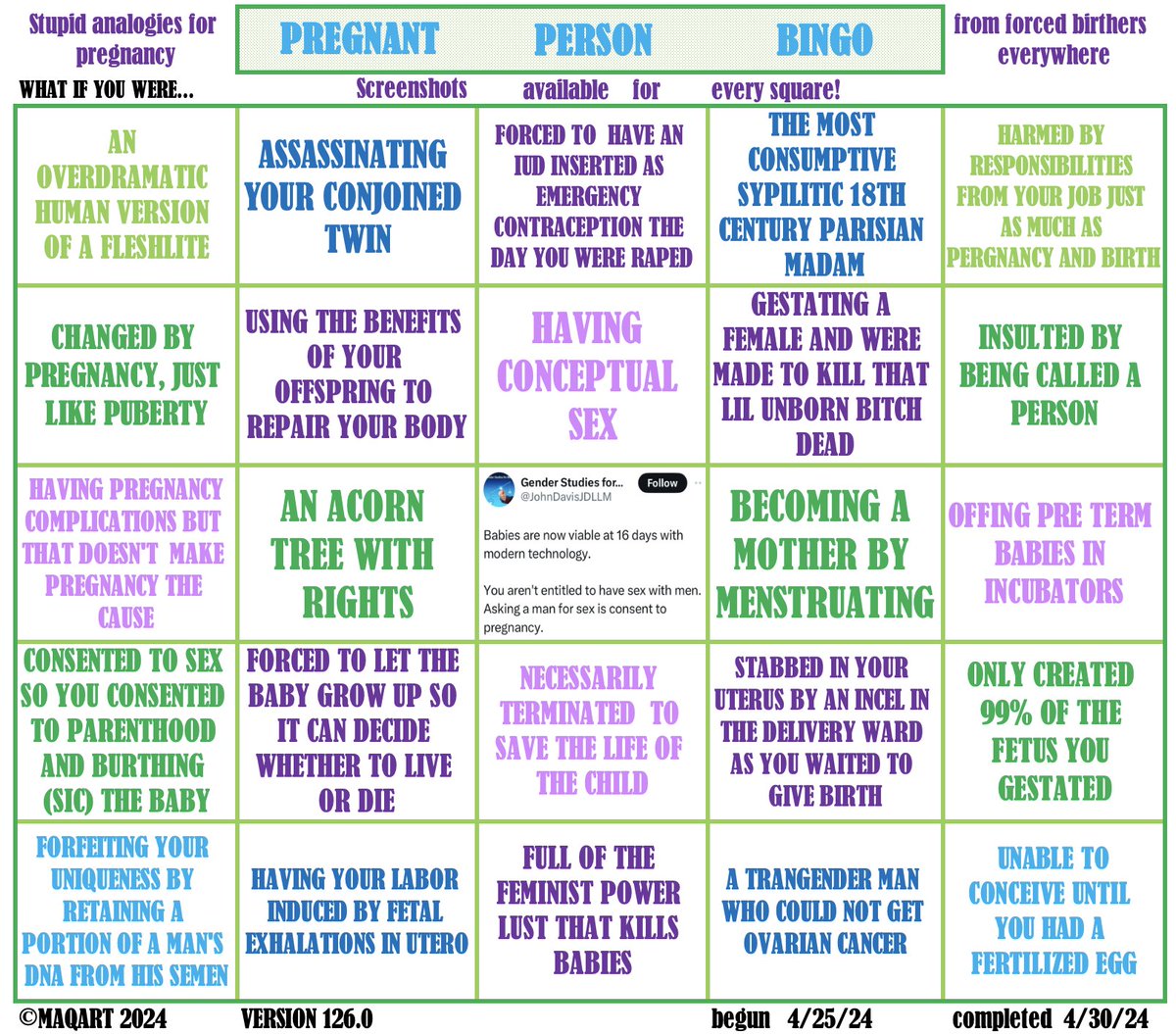 Happy Beltane to those who celebrate! Our May Day BINGO Card, #126, is a mayday indeed respecting the #ForcedBirtherLoons and the escalating violence of their fantasies. Enjoy, share as you like, and keep those screen shots coming!