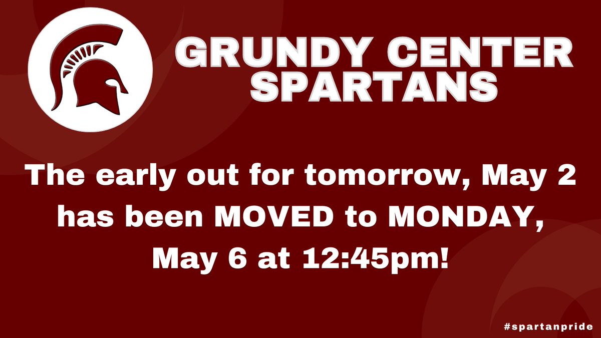 Due to the forecast for tomorrow:
NICL Conference Boys Golf is NOW Friday, May 3 - 9:30am.
NICL Conference Track is NOW Monday, May 6 - 3:00pm.
#spartanpride