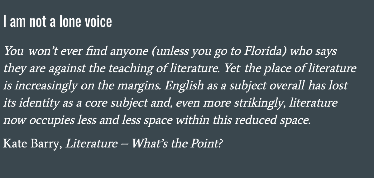 Third at the #englishmeet is <a href="/de_Bruner/">Michael Browne</a> who laments the decline of the school poetry anthology. He looked at 50 randomly-chosen school websites, and no book list included a poetry anthology.

He also quotes <a href="/KMUBarry/">Kate Barry</a>'s essay on the 'point' of literature.
