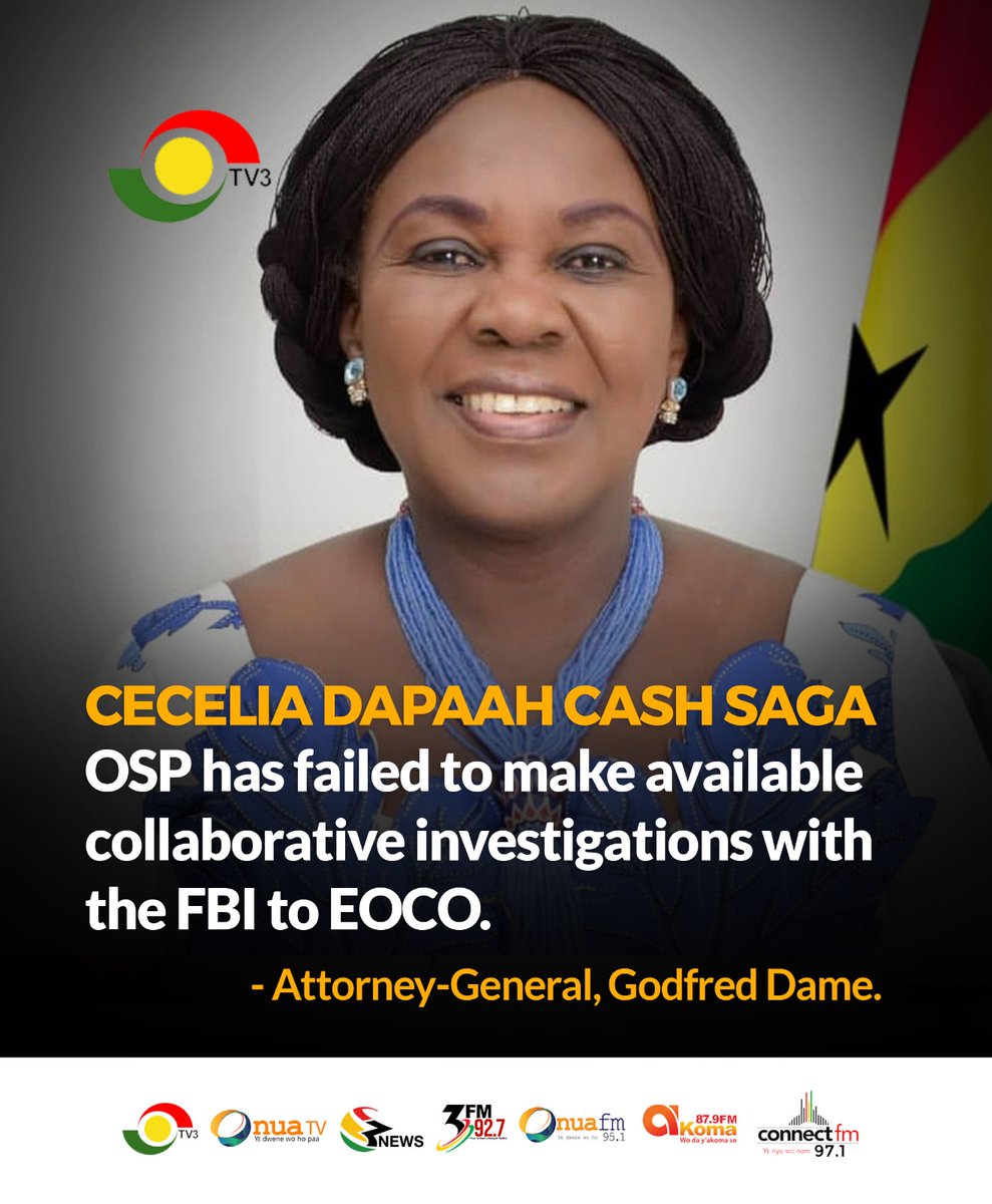 Attorney-General says @ospghana has failed to collaborate with EOCO on investigations into former Sanitation Minister Cecilia Dapaah's cash case.

#3NewsGH
