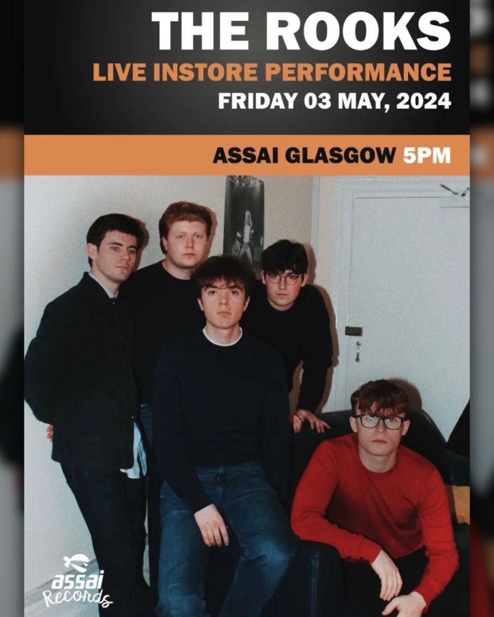 The Rooks play @assai_glasgow on Friday - 5pm. FREE ENTRY Lay Me Down - out this Friday. Pre-save NOW via link in bio.