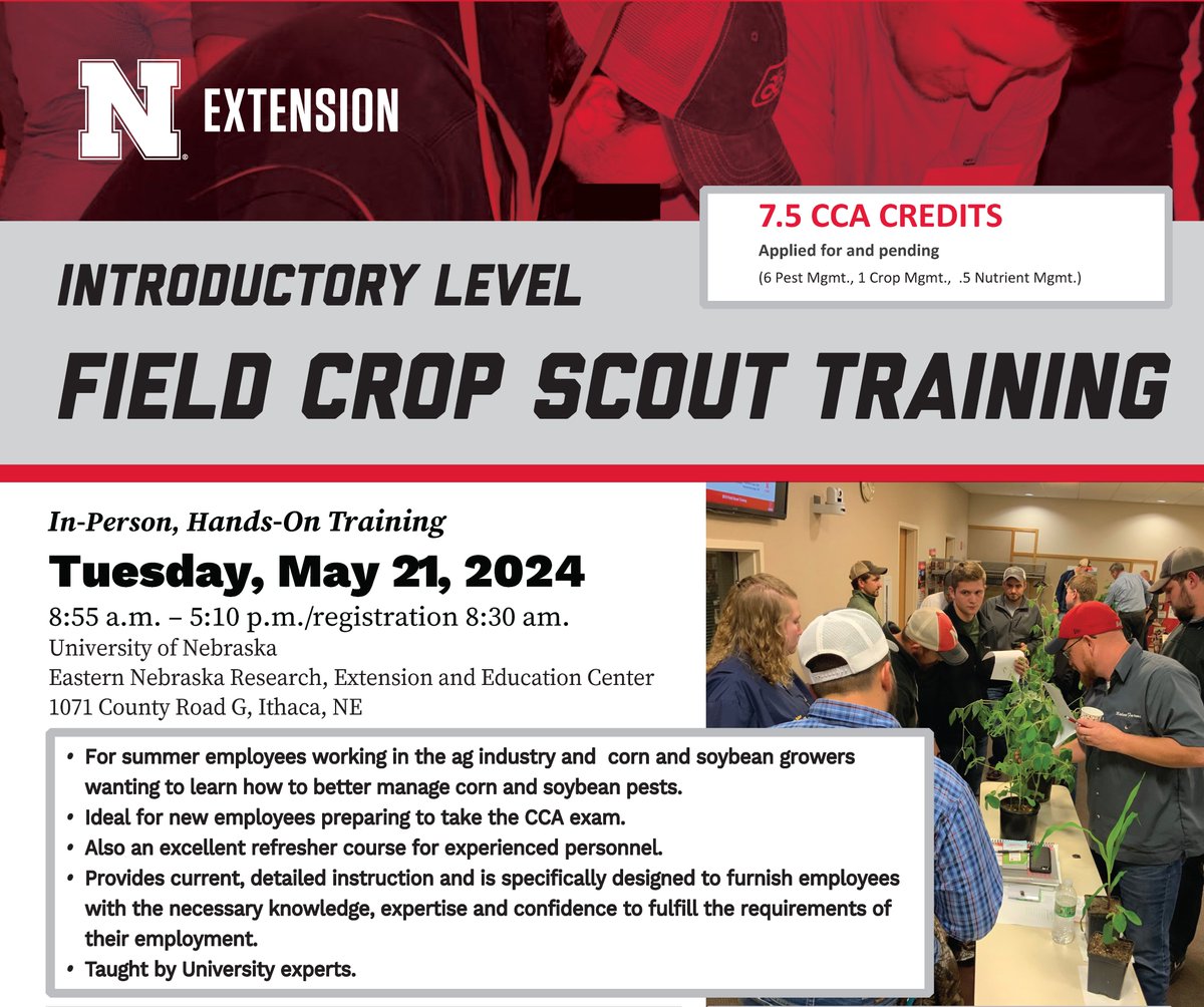 UNL Crop Management (@unlcmdc) on Twitter photo The May 21 <a href="/UNLExtension/">Nebraska Extension</a> crop scout training at <a href="/NebENREEC/">Univ of NE ENREEC</a> is for entry-level scouts working for crop consultants, industry agronomists or farm service centers & is also ideal for growers who scout their own fields or are wanting to improve productivity. enreec.unl.edu/fieldcropscout… The May 21 <a href="/UNLExtension/">Nebraska Extension</a> crop scout training at <a href="/NebENREEC/">Univ of NE ENREEC</a> is for entry-level scouts working for crop consultants, industry agronomists or farm service centers & is also ideal for growers who scout their own fields or are wanting to improve productivity. enreec.unl.edu/fieldcropscout…