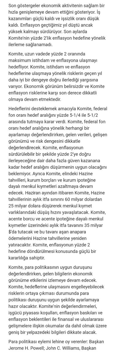 FED faizi beklentiler doğrultusunda sabit bıraktı. 
FOMC tutanaklarının Türkçe mealini merak edenler için buraya bırakıyorum.