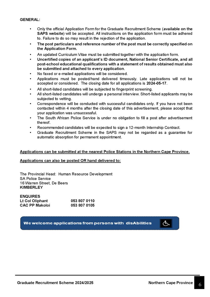 SAPS Graduate Recruitment Scheme x40 Northern Cape Province
Closing date: 17 May 2023
Application form: tinyurl.com/2z6a2ace
Full advert: tinyurl.com/mrj6e5t4

#CareerExibsSA #JobsAdvice #JobSeekersSA #WeDoMoreWednesdays #MyBrothersKeeper #WorkersDay