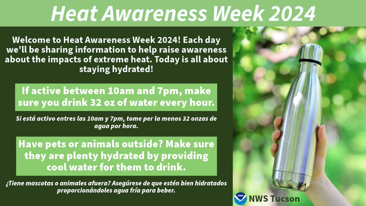 Did you know May 6-10, 2024 was proclaimed by AZ @GovernorHobbs as Heat Awareness Week? Join us this week in raising awareness on the impacts of extreme heat. ☀ During extreme heat, it's important to drink plenty of water to avoid heat illnesses. #HeatAwareness #azwx