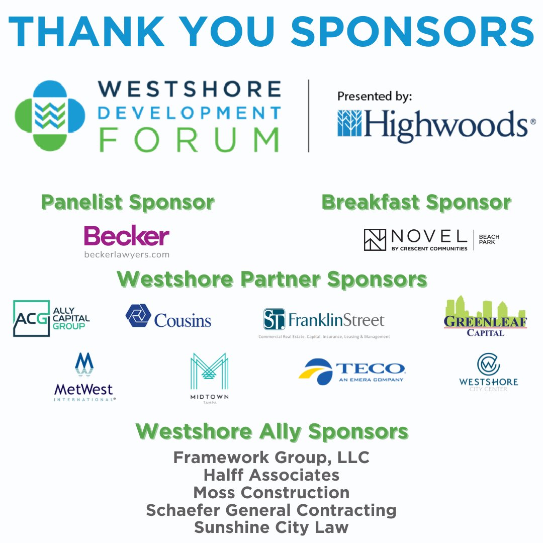 'A heartfelt thank you to our incredible sponsors for making the 22nd Annual Westshore Development Forum happen next week!  Your generous support and commitment always make a difference.'

#ChooseWestshore #WestshoreTampa #WestshoreDistrict #WestshoreDevelopmentForum