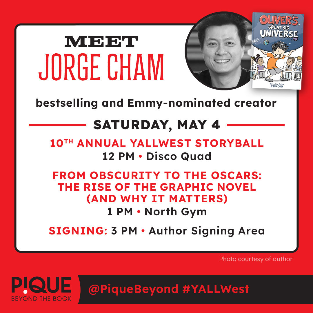 Join us at @YALLWEST this weekend and hang with @ByAlexAster, #JordanIfukeo, and @PHDComics! Take a *Pique* at their full lineup of events, panels, and signings! . . . #YALLWEST #Lightlark #AlexAster #TheMaidAndTheCrocodile #OliversGreatBigUniverse #JorgeCham #PHDComics