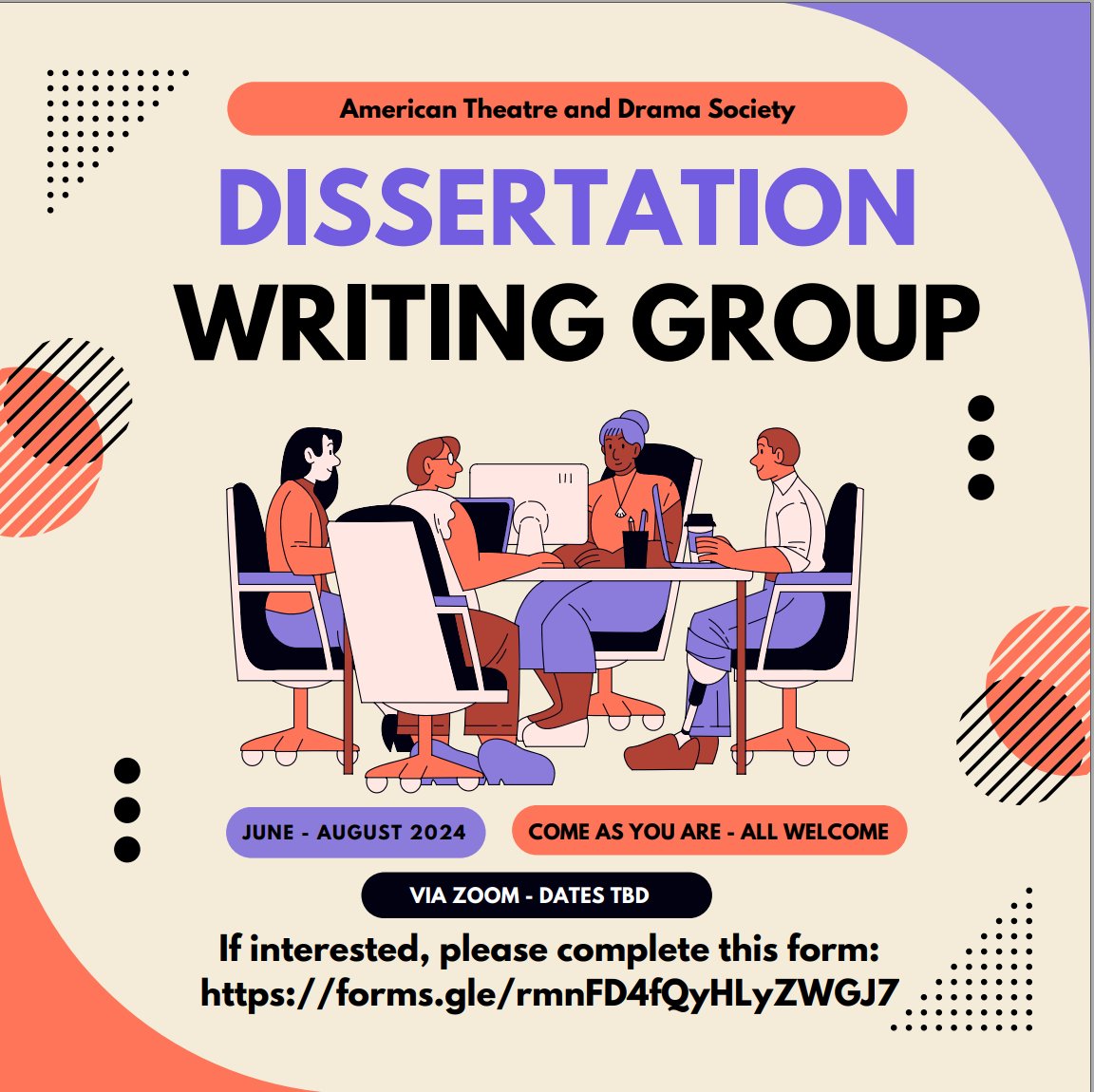 hello fellow TAPS grads! I am creating a @ATandDS virtual dissertation writing group this summer. Low stakes and open to all! If you are interested in accountability and camaraderie, complete this *UPDATED* interest form: forms.gle/rmnFD4fQyHLyZW…