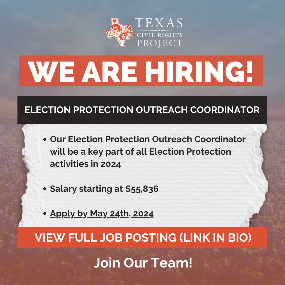 🚨We're hiring! Apply to join our team as our 2024 Election Protection Outreach Coordinator. If you are passionate about protecting democracy and voting rights — we want to talk to you! Learn more: bit.ly/3v6nXOE