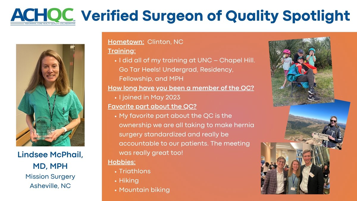 Shout out to Lindsee McPhail, MD MPH, our Spotlighted Verified Surgeon of Quality for May 2024! This month also marks her 1 year anniversary of #ACHQCparticipation. Thanks for your dedication to our mission & service to your patients! #VSOQ #herniapatientcare #qualityimprovement