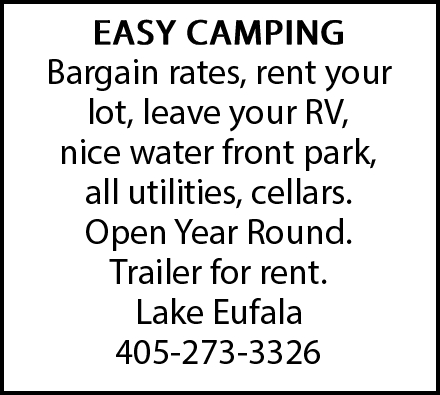 Think Warm Summer thoughts, and Book your Lake Spot NOW! Give Happy Hollow Rv Park a Call at 405-273-3326
happyhollowrvpark.com
#smallbusiness #shopperswork #TheRightChoice #printedinoklahoma #classifiedswork #Classifieds #shoppers #camping #lakeeufala