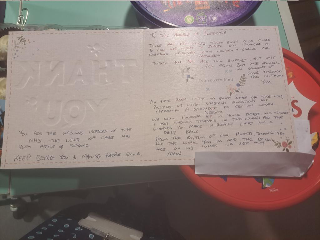 Lovely treats from pt who was discharged today. Lovely card with such nice words. Staff provided fantastic care👏👏