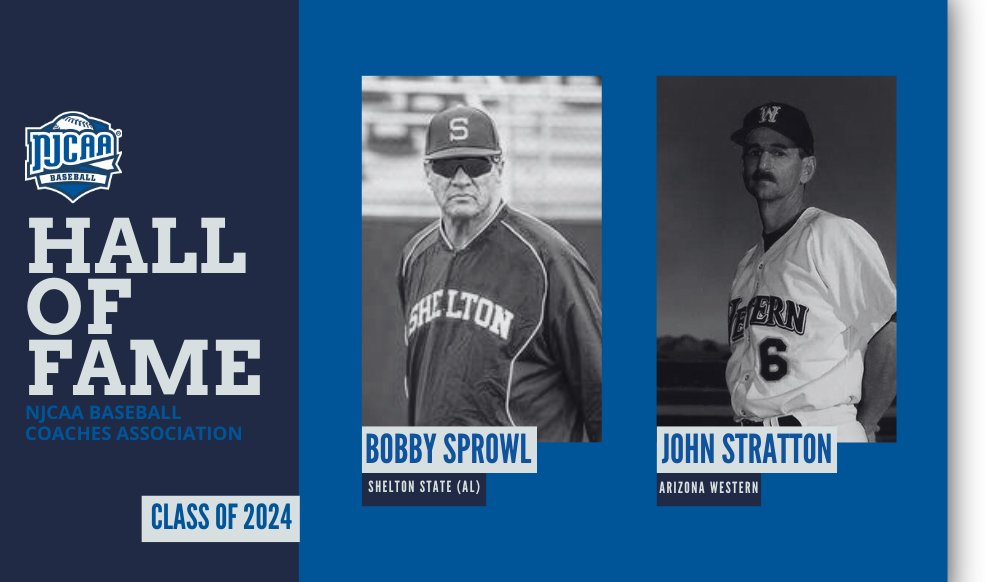 Two honorees have been inducted into the #NJCAABaseball Coaches Association Hall of Fame Class of 2024, as announced by the @NJCAA. Read more on Bobby Sprowl and John Stratton ⤵️ njcaa.org/sports/bsb/202…
