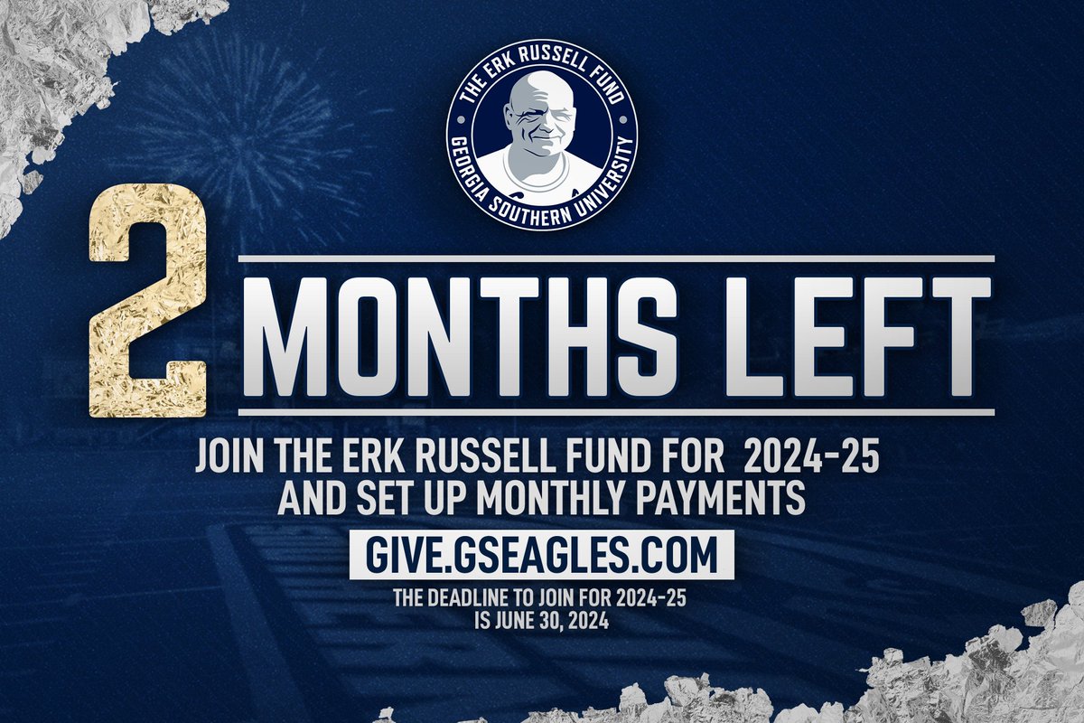 🚨ONLY 2 MONTHS LEFT!🚨 Join the Erk Russell Fund & help us SOAR past our fundraising record! See the link below for more details. The deadline to join for 2024-2025 is June 30th. #HailSouthern give.gseagles.com/campaign/erk-r…