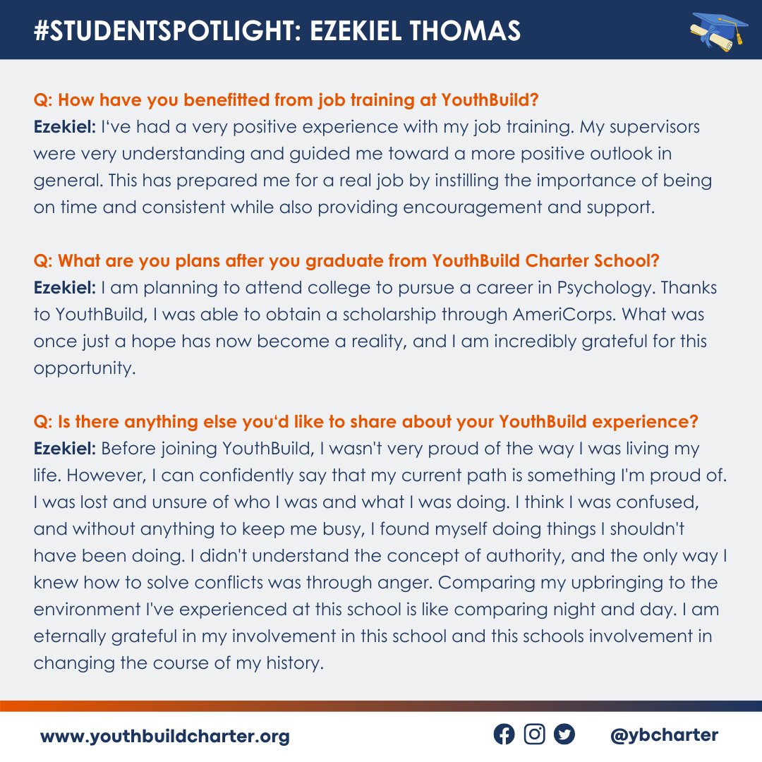 In today's #StudentSpotlight, we are featuring @FresnoLCC junior Ezekiel Thomas. 'Before joining YouthBuild, I wasn't very proud of the way I was living my life. However, I can confidently say that my current path is something I'm proud of.' #YouthBuild