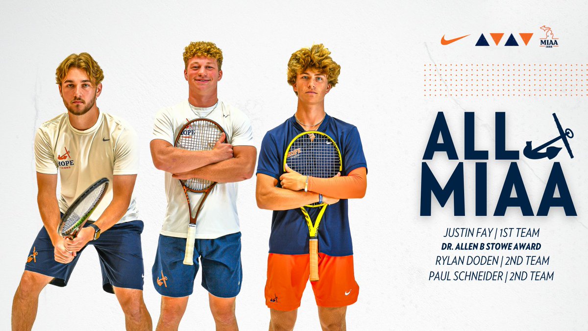 Senior Justin Fay, freshman Rylan Doden and Paul Schneider all claim All- @MIAA1888 Men's Tennis recognition. Justin Fay also is chosen as the Dr. Allen B. Stowe Sportsmanship Award recipient. athletics.hope.edu/news/2024/5/1/…