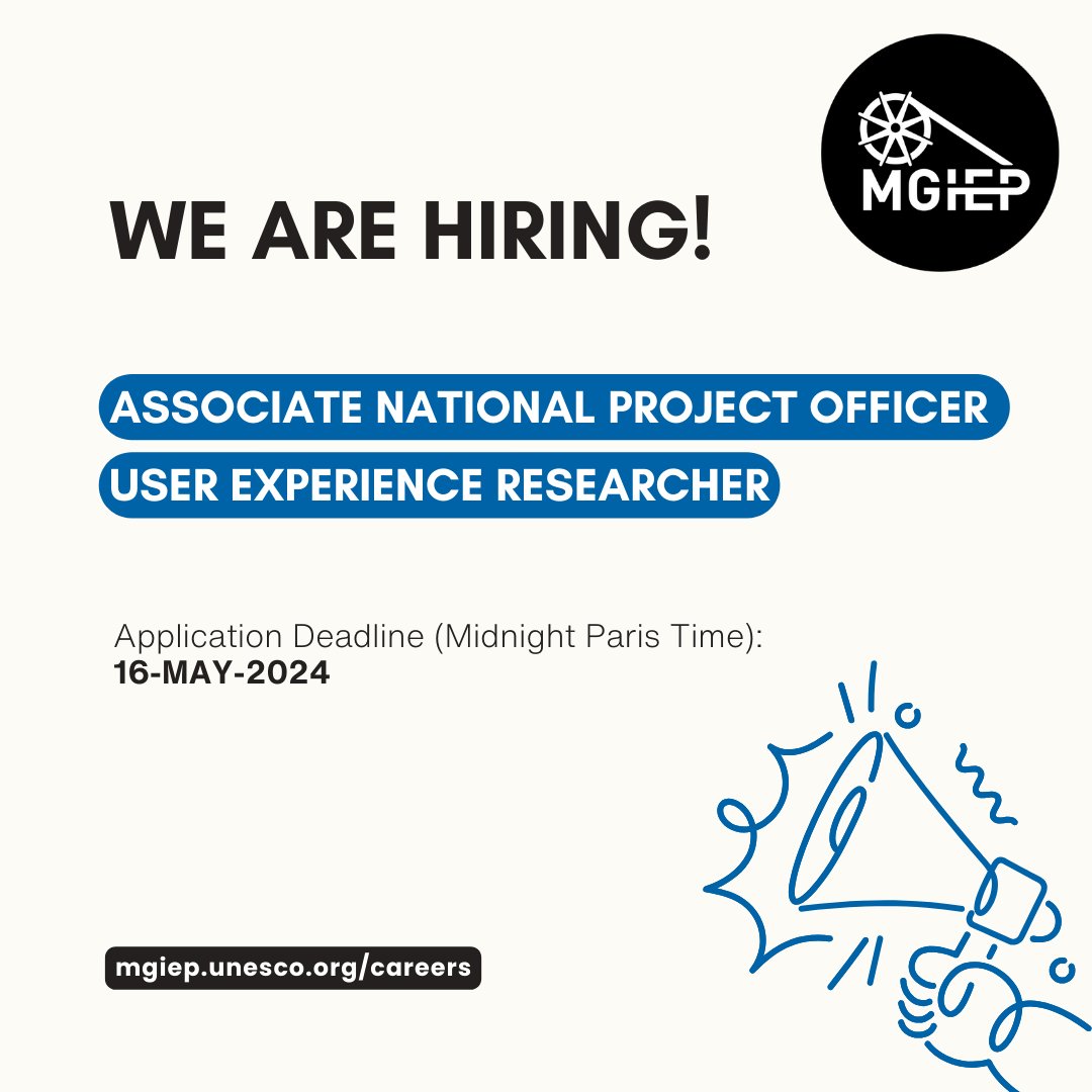 🔊We are #Hiring an Associate National Project Officer - UX Researcher

📅Applications close on 16 MAY 2024.

👉 Know more at mgiep.unesco.org/careers

#education #research #userexperience #UX #hiring #unescomgiep #uncareers #education #Jobs #unjobs