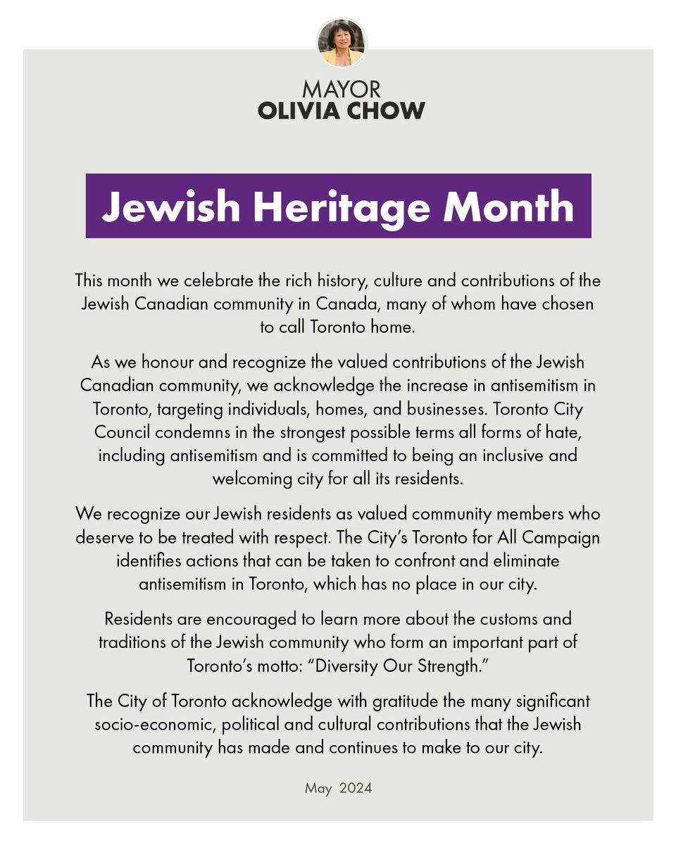 Toronto has a deep and vibrant Jewish history. May is Jewish Heritage Month, a chance to celebrate and recognize the incredible role Jewish Canadians have played in the history of our city and will play in the future of our city.