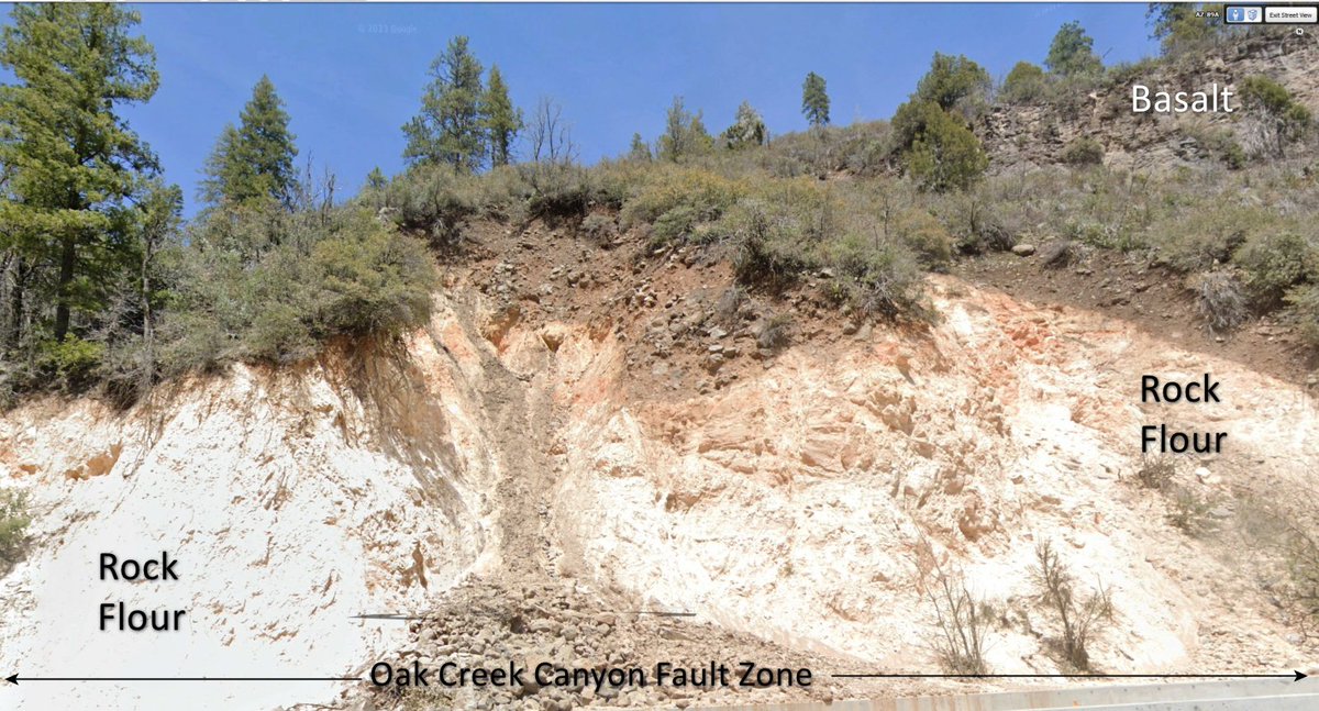 Oak  Creek Canyon north of #Sedona, Arizona, formed as a result of movement  along the #OakCreek fault. The width of the fault zone exposed here  (35.029002 N, -111.242618 W), evinced by the presence of fine-grained  rock flour, is ~100 ft. This is an active #fault zone.