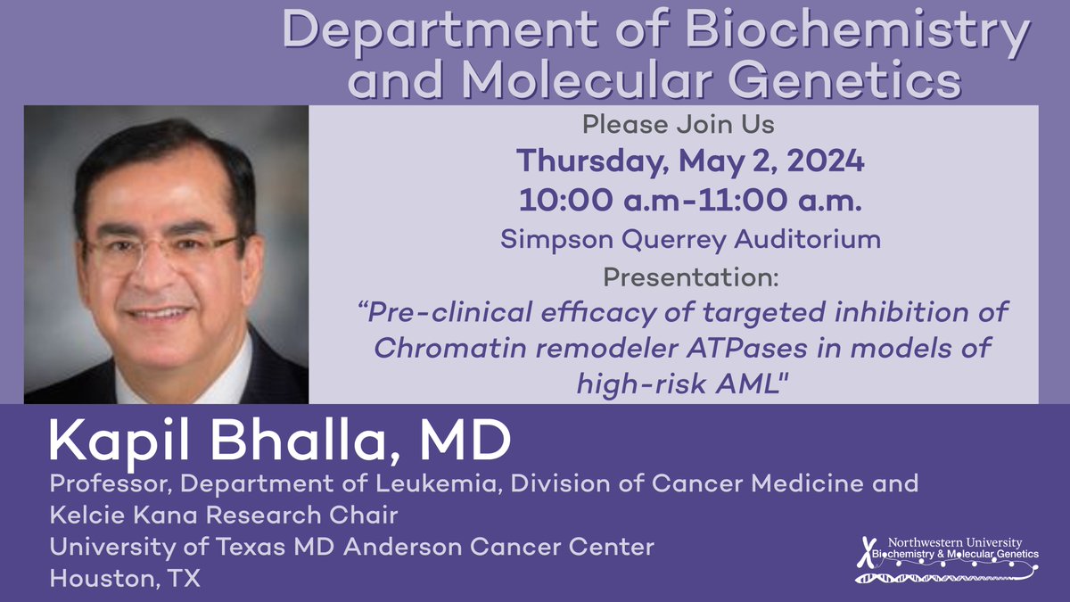 Join us today for the BMG Seminar Speaker Dr. Kapil Bhalla! Hosted by Dr. Lu Wang. <a href="/LuWangLab/">Lu Wang_Northwestern U</a> #epigenetics #research #AML <a href="/NUFeinbergMed/">Northwestern Feinberg School of Medicine</a> <a href="/MDAndersonNews/">MD Anderson Cancer Center</a>