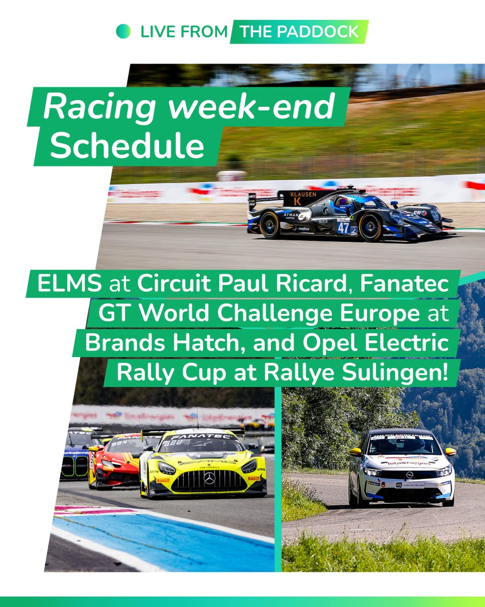 ✳️ Live From The Paddock! Lots of action coming up: #ELMS at Circuit Paul Ricard🇫🇷, Fanatec GT World Challenge Europe at Brands Hatch🇬🇧, and Opel Electric Rally Cup at Rallye Sulingen🇩🇪! ✨ #SustainableMotorsport #ExcelliumRacing100 #Endurance #Electric @EuropeanLMS @GTWorldChEu